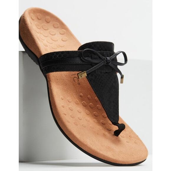 Vionic Women's Amaya Bow Thong Toe Post Sandals Summer Vacation Black Tan Sz 9.5 - Picture 1 of 7
